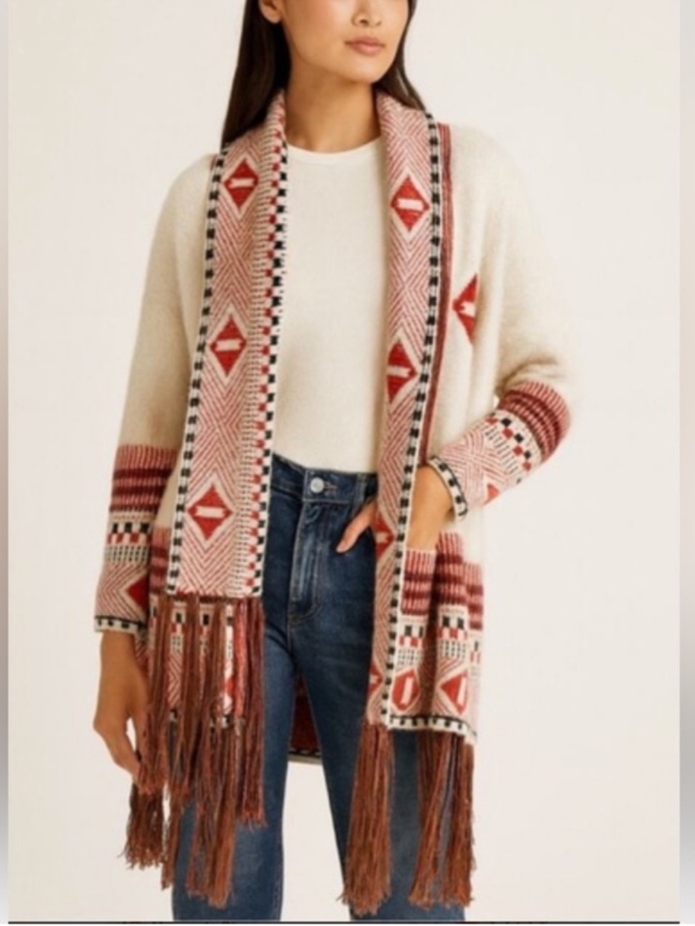 Maxsport Aztec Cardigan Sz M Southwestern Fringe Knit Open Front